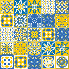 Azulejo spanish portuguese square tiles, vector illustration, yellow blue white color
