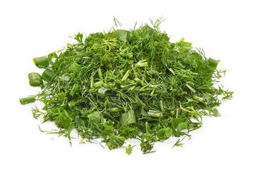 Pile of fresh chopped green dill parsley and onion leaves isolated on a white background.