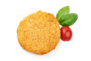 Fried chicken Cordon bleu with cheese in breadcrumbs, isolated on white background.