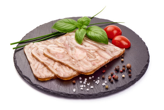 Slices of traditional Belgian brawn, head cheese, isolated on white background.