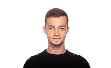 A young man in a black t-shirt on a white background.