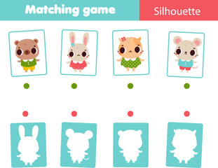 Shadow matching game. Match objects with silhouette. Educational kids activity. Animals theme fun page for toddlers