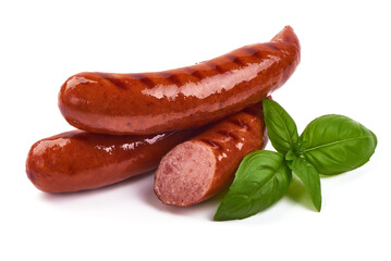 Grilled bratwurst Pork Sausages with basil leaves, close-up, isolated on white background.