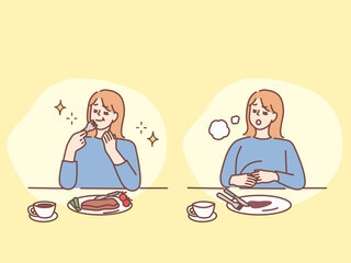 食事のイラスト(空腹、満腹、食後、ダイエット、暴飲暴食) Illustration of the meal.Hunger, fullness, after eating, diet, binge eating.