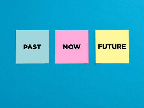 The Words Past, Now And Future On Colorful Note Papers On Blue Background.