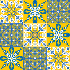 TalaVera de Puebla blue yellow ceramic tile, spanish portuguese traditional pattern for wall and ceramic tile design, vector illustration