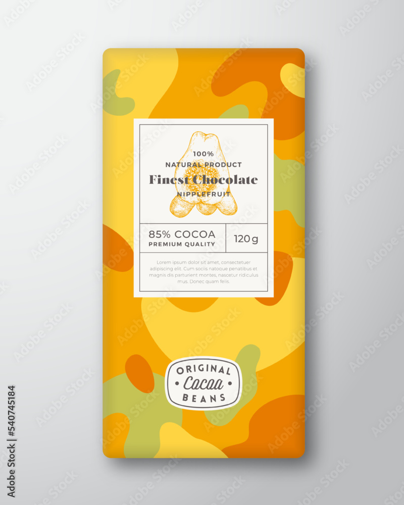 Wall mural nipplefruit chocolate label. abstract shapes vector packaging design layout with realistic shadows. 