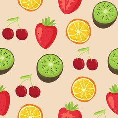 Seamless background with various tropical fruits on white. Vector fruit pattern. lemon, strawberry, kiwi, orange