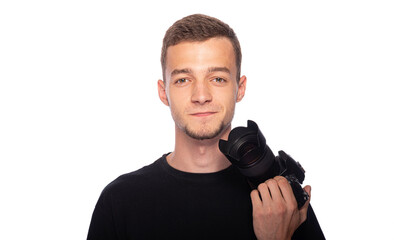 Young man with a DSLR camera on a white background.