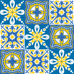 TalaVera de Puebla ceramic portuguese tiles yellow blue white indigo, seamless pattern for decorating walls and floors, vector illustration ceramic tile design