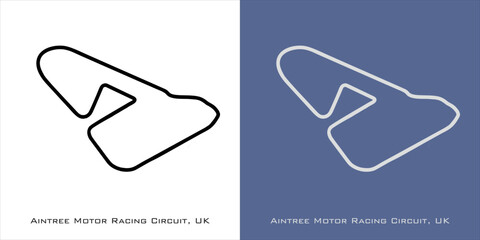 Aintree Motor Racing Circuit voor Formule 1 F1-, motorsport-, GP-, autosport- en seizoensracebanen. Vector op witte en blauwe achtergrond, Aintree, Verenigd Koninkrijk - Britse Grand Prix