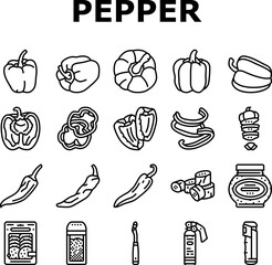 pepper ingredient food organic icons set vector. spice spicy, vegetable paprika, cooking red hot healthy, seasoning fresh, ripe green pepper ingredient food organic black contour illustrations