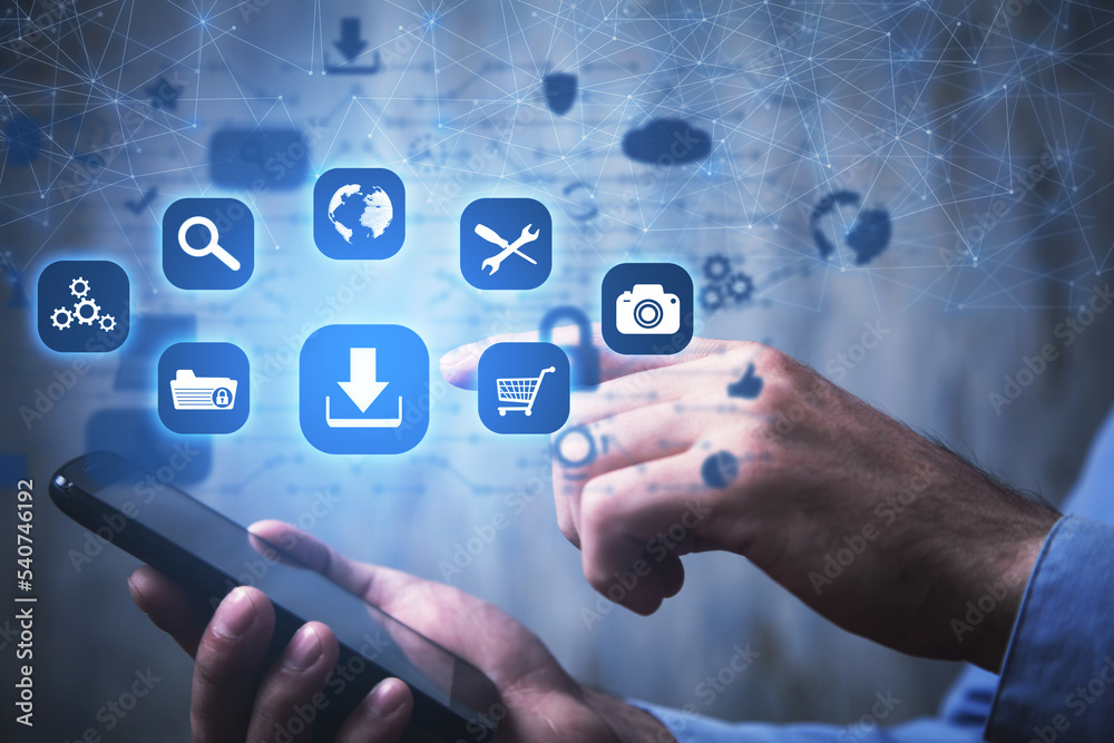 Wall mural human using smartphone. app icons with a download symbol. development of applications. social networ