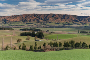 Magnificent view of mountain range  from Geraldine Fairlie Lookout point on Highway 79, Canterbury, New Zealand South Island.
