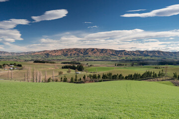 Magnificent view of mountain range  from Geraldine Fairlie Lookout point on Highway 79, Canterbury, New Zealand South Island.