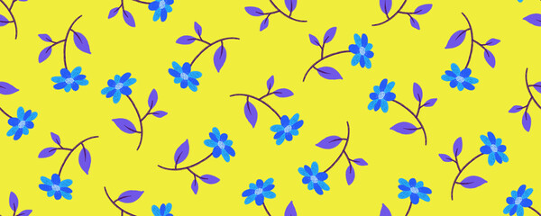 beauty blue flower with purple leaves as seamless pattern wallpaper on yellow background header