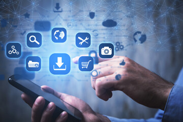  Human using smartphone. App icons with a download symbol. Development of applications. Social networks and Software