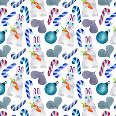Watercolor Christmas pattern with a bunny with a carrot, candy canes, christmas balls and hearts. For the design of postcards, textiles, printed products, children's illustrations.