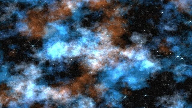 Seamless loop galaxy exploration through outer space towards glowing milky way galaxy. Nebulae, clouds and stars field. Black space emptiness with clouds of nebulas from molecular gas. 3d rendering. 4