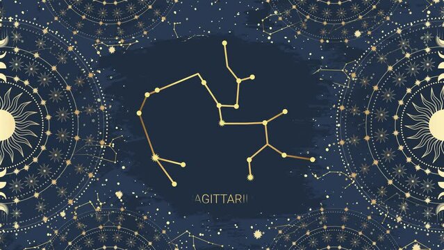 Animation of golden Sagittarius, Sun, Moon, star, constellation. Constellation celestial space. Zodiac symbol, star astrology, astrology sign, icon. Magic space galaxy 4K video on blue background
