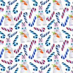 Watercolor Christmas pattern with a rabbit with a carrot and candy canes. For the design of postcards, textiles, printed products, children's illustrations.