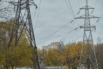 Power mast for high voltage electricity pylon with cables in nice landscape