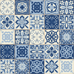 Azulejo blue spanish portuguese style vintage symmetrical pattern for wall decoration, vector illustration for design