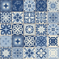 Azulejo blue spanish portuguese style ceramic tiles, vintage symmetrical pattern for wall decoration, vector illustration