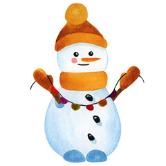 Watercolor Christmas snowman with a garland. Christmas watercolor illustration.