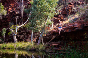 A jungle girl in a bikini sits on rocks by a stream in a canyon in karijini national park, western australia; an oasis in the desert in the australian outback, terra rosa, australia
