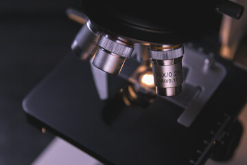Close-up view of scientific microscopic data analysis in laboratory. Scientists research and...
