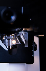 Close-up view of scientific microscopic data analysis in laboratory. Scientists research and develop medical drugs.