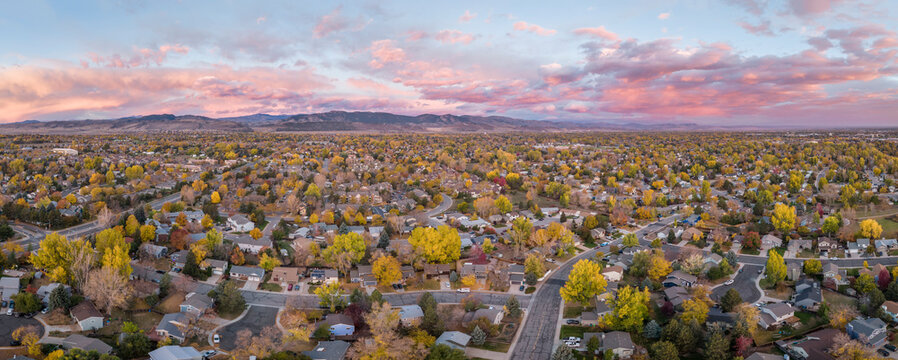 October dawn over Fort Collins and foothills of Rocky Mountains in northern Colorado, aerial panorama
