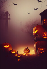 Creepy, night, halloween background with evil pumpkins.