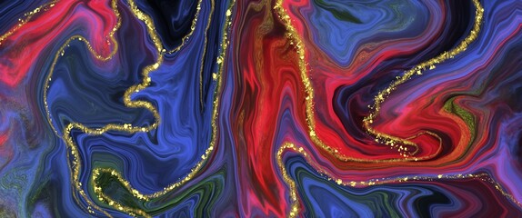 Modern colorful marble background, blue, wave bright neon colors, trendy alcohol ink texture, creative hand drawn art illustration, layered art, clean wallpaper for print with gold paths