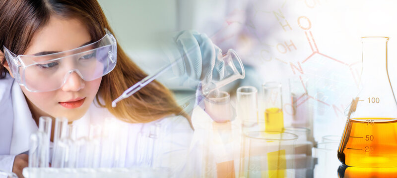Attractive scientist woman testing chemical sample in flask at laboratory with lab glassware background. Science or chemistry research and development concept.	
