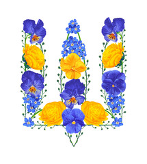 Floral Trident. Emblem of Ukraine. Concept of patriotism. Support of Ukraine. Print for clothing, printed materials, posts in social networks, wallpaper for lock screen, design covers postcards poster