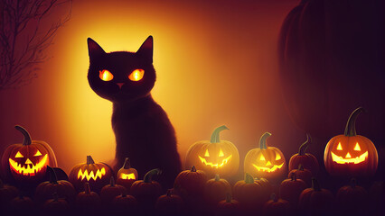 Cat and pumpkin. Halloween illustration.