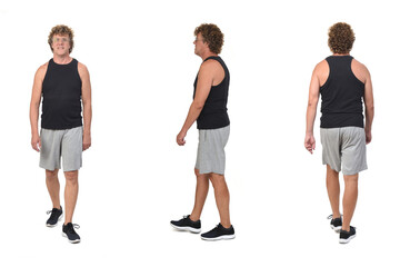 back , side and front view of the same man with sportswear walking on white background.
