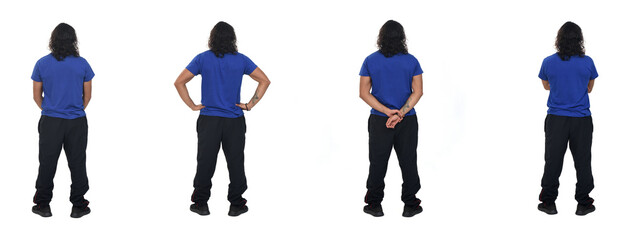 back view of group of same man various poses with sportswear on white background