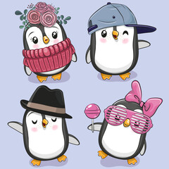 Cute cartoon Penguins on a blue background