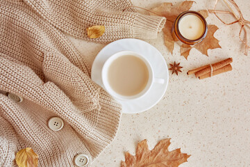  Autumn feminine aesthetic coffee time. Pastel background