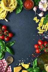 Culinary background with ingredients of italian cuisine. Top view with copy space.
