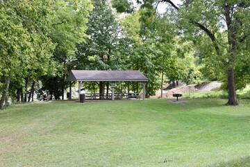 The empty wood picnic shelter in the country park.