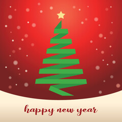 Vector origami card with green christmas tree, snow and space for your text. Happy new year!