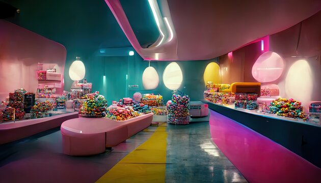 Candy shop interior. Colorful sweets illustration
