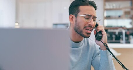 Stress, burnout and phone call with tired man talking on telephone about problem, error or computer 404 internet page. Freelace, remote worker and depressed male having frustrated conversation - Powered by Adobe