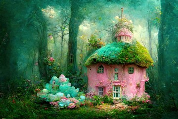 Ginger bred house in fairy tale magic forest - obrazy, fototapety, plakaty