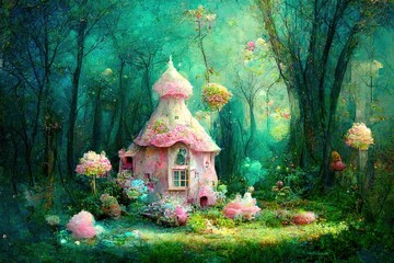 Ginger bred house in fairy tale magic forest - obrazy, fototapety, plakaty