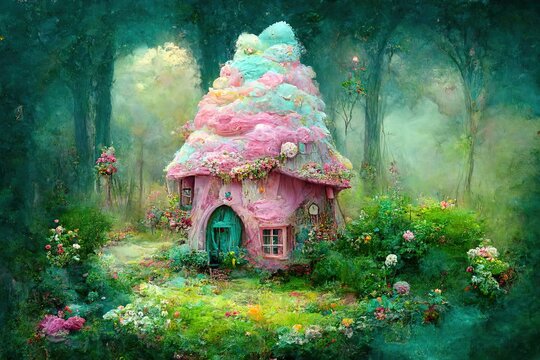 Ginger bred house in fairy tale magic forest